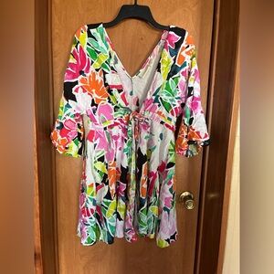 Cynthia Rowley Colorful Floral Tie-Front V-Neck Tunic Dress Size Medium Festival